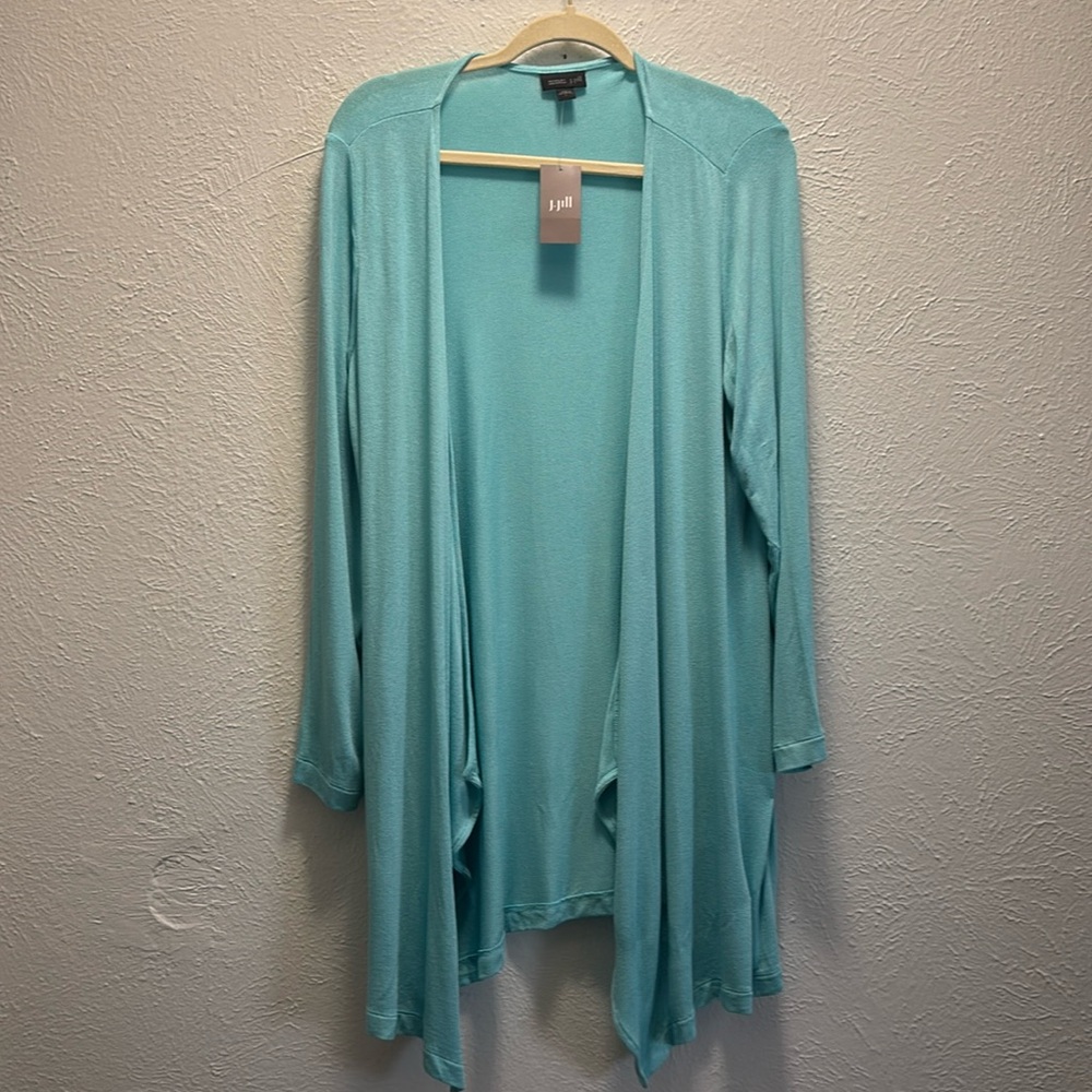 J. Jill Wearever Collection Open Front Cardigan turquoise stretchy knit Large